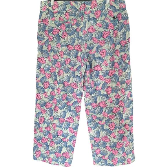 Vineyard Vines Pineapple Print Pant Women's 10 Linen Blend Crop Preppy Pink Blue - Picture 2 of 6